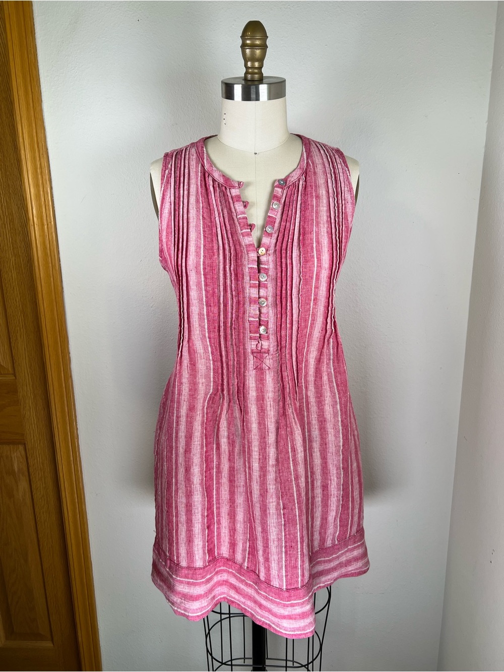 Faherty Isha Linen Pink Striped Sleeveless Dress Size XS